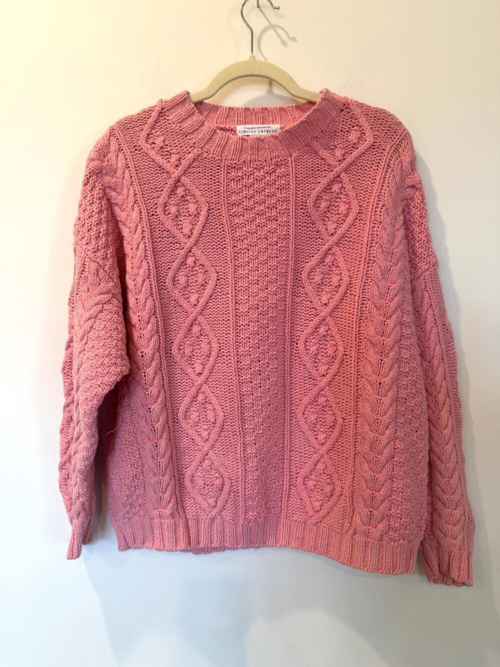 Vtg 90s Express Ramie Cotton Oversized Cableknit Fisherman Sweater Pink Medium